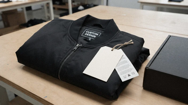 Private label bomber jackets with woven CUSTOM DESIGN neck label, hangtag and mailer box