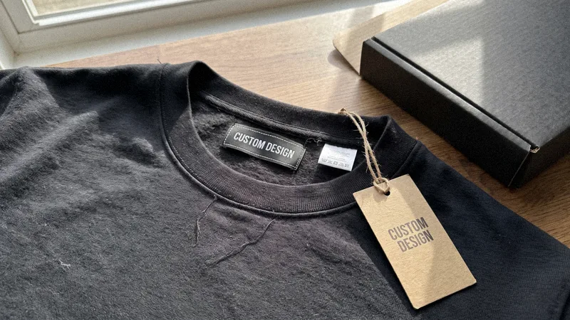Private label hoodie with woven neck label, hangtag and mailer box reading CUSTOM DESIGN