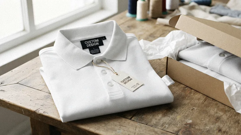 Private label polo shirts with woven CUSTOM DESIGN neck label, hangtag and mailer box