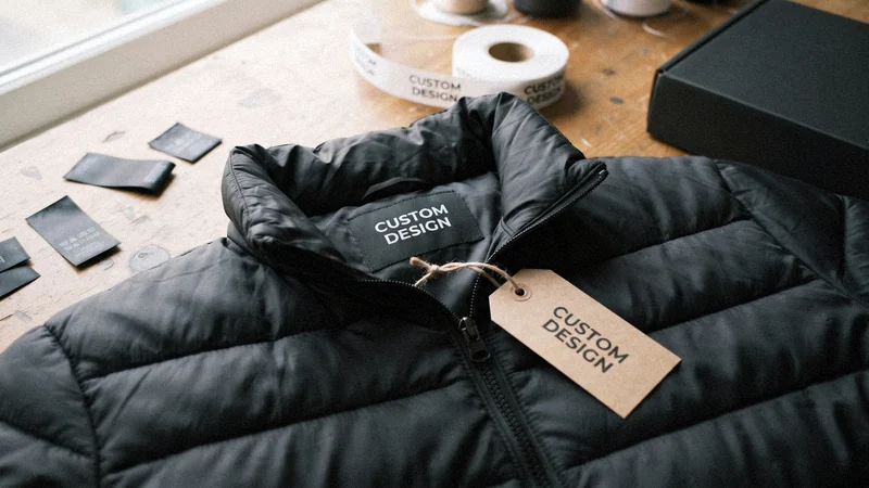 Private label puffer jacket with woven neck label, hangtag and branded mailer box