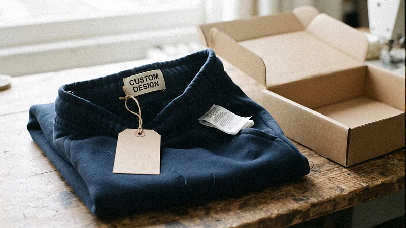 Private label shorts with woven label, hangtag and branded mailer box