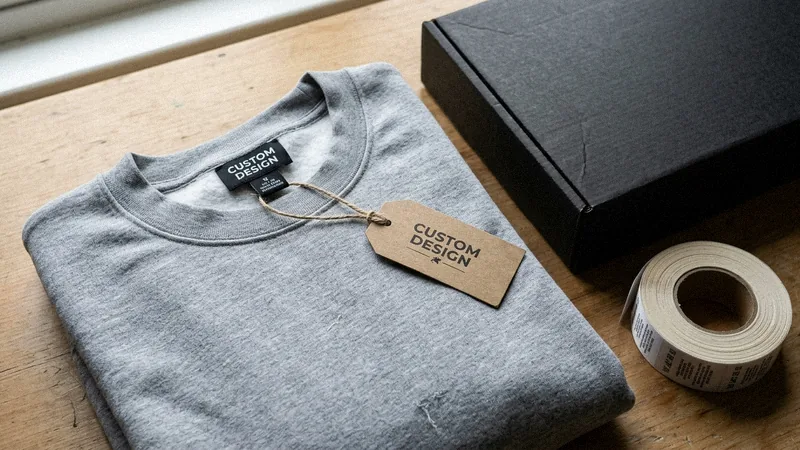 Private label sweatshirt with woven neck label, hangtag and branded mailer box