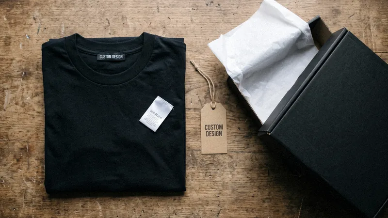 Private label T-shirt with a woven CUSTOM DESIGN neck label, hangtag and branded mailer box