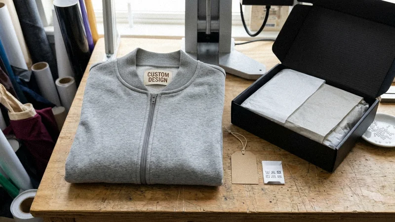 Private label tracksuit with woven neck label, hangtag and branded mailer box