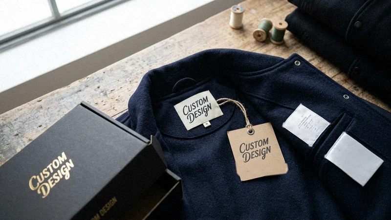 Private label varsity jacket with woven neck label, hangtag and mailer box