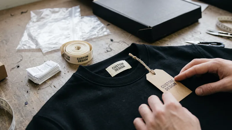Private label woven neck label and hangtag being attached to a custom sweatshirt