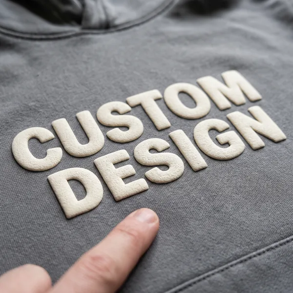 Close-up of raised 3D puff print lettering on a grey hoodie
