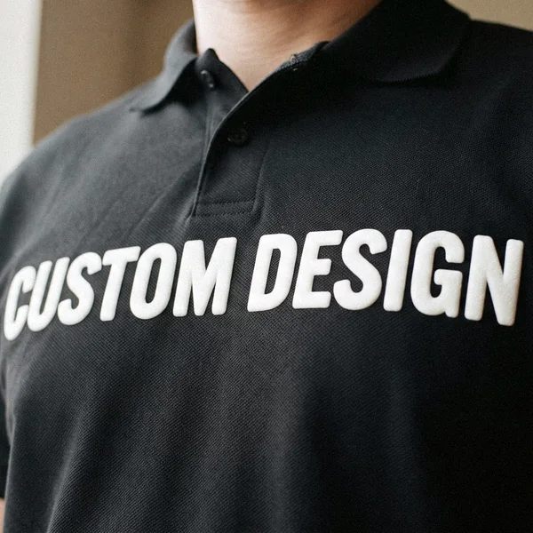 Raised CUSTOM DESIGN puff print on the chest of a heavyweight polo shirt