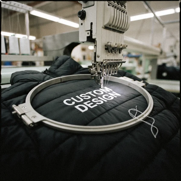 Embroidery machine stitching CUSTOM DESIGN on the chest of a puffer jacket