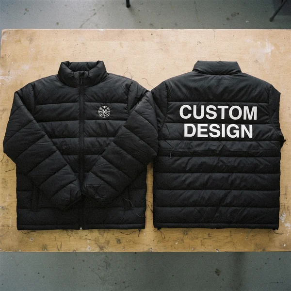 Puffer jacket with embroidered chest logo and printed CUSTOM DESIGN back graphic