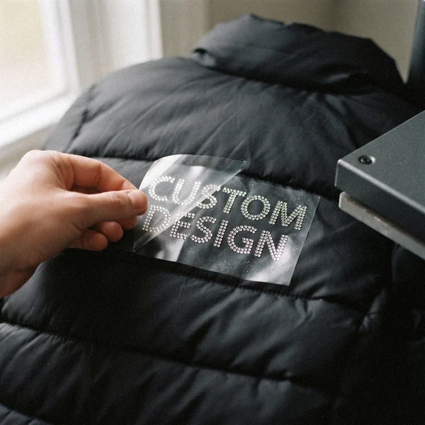 Rhinestone CUSTOM DESIGN lettering heat-set on a puffer jacket