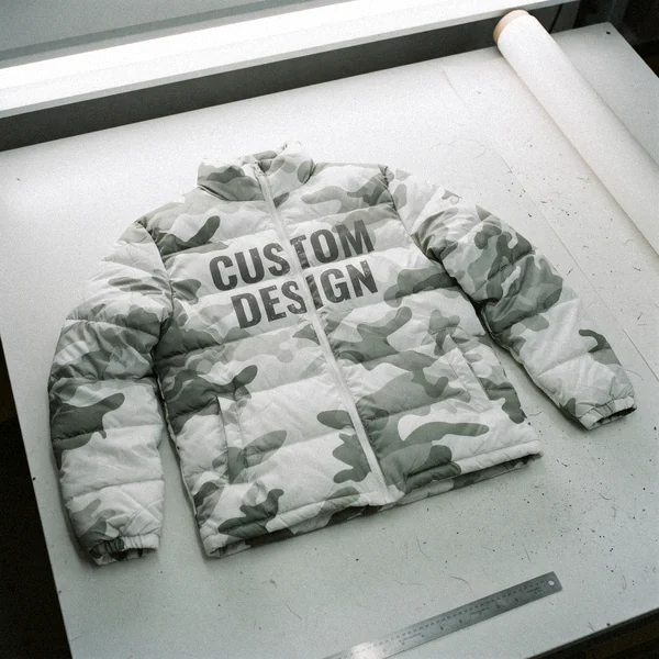 All-over sublimation print with CUSTOM DESIGN text on a white polyester puffer jacket
