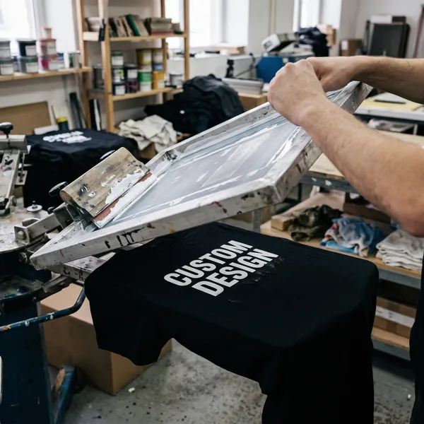 Screen printing custom design text on a black T-shirt