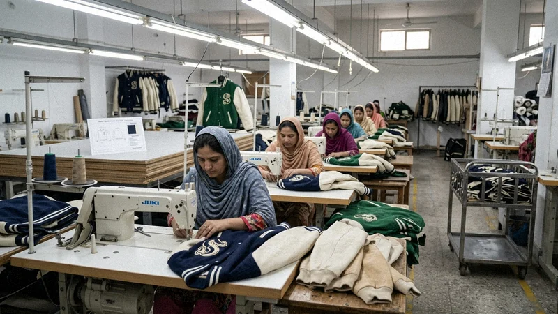 Workers sewing varsity jackets in a Sialkot garment factory