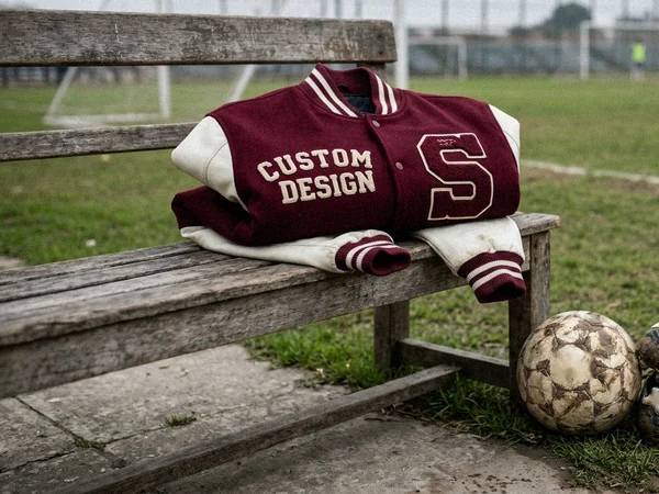 Classic letterman varsity jacket on a bench beside a football pitch