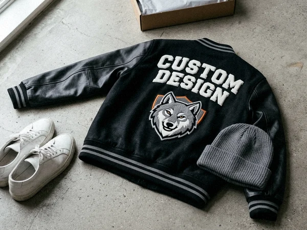 Oversized streetwear varsity jacket with leather sleeves on a concrete floor