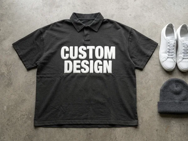 Heavyweight boxy streetwear polo shirt with CUSTOM DESIGN puff print on a concrete floor next to sneakers
