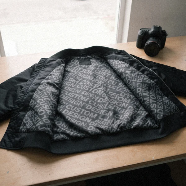 Sublimated all-over CUSTOM DESIGN print on a polyester bomber jacket lining