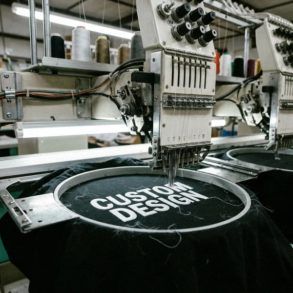 Embroidery machine stitching CUSTOM DESIGN on a T-shirt chest