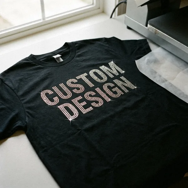 Rhinestones spelling CUSTOM DESIGN heat-set on a black T-shirt