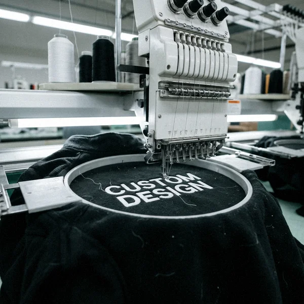 Embroidery machine stitching CUSTOM DESIGN on a tracksuit jacket chest