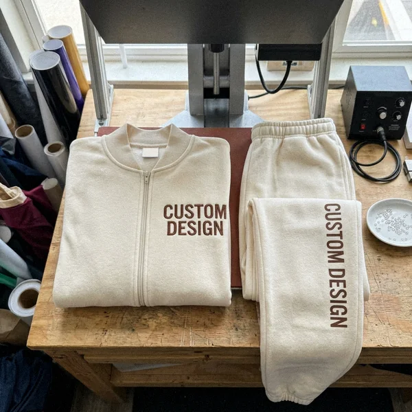 Tracksuit with embroidered CUSTOM DESIGN chest logo and printed text on the pants