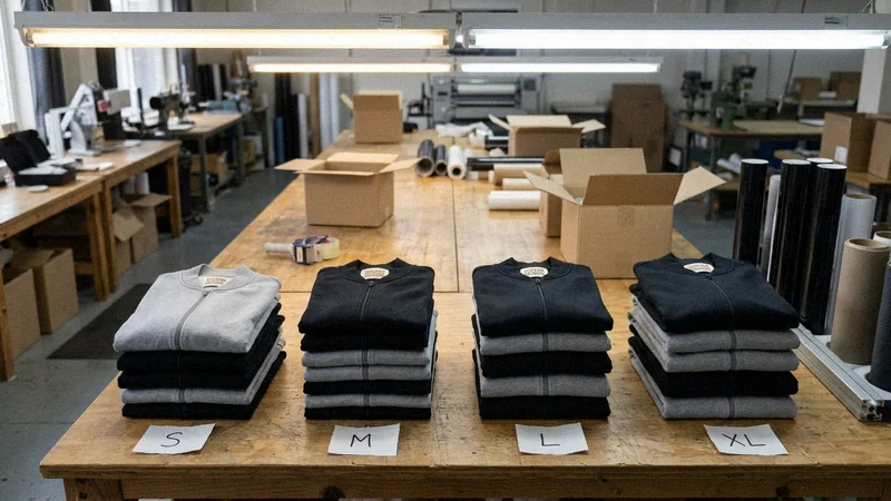 25 tracksuit sets in black and grey piled by size S, M, L and XL