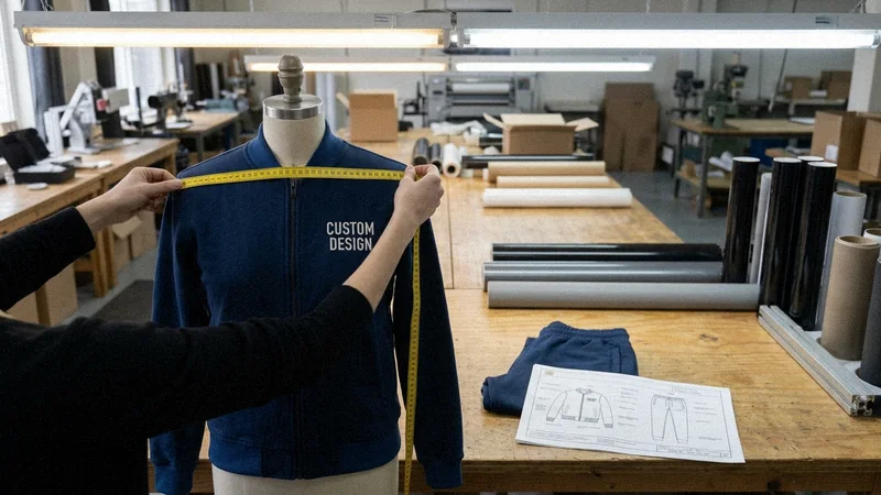 Sample tracksuit jacket on a dress form being measured with a tape next to a tech pack