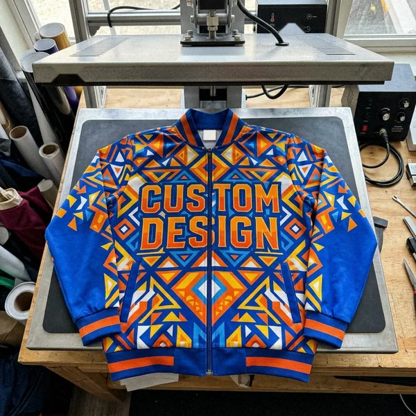 All-over sublimation pattern with CUSTOM DESIGN text on a polyester track jacket