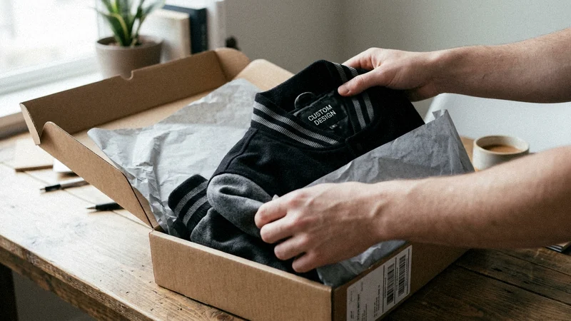 Brand owner unboxing a custom varsity jacket order with branded packaging