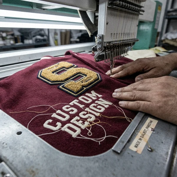 Chenille letter and embroidery on a custom varsity jacket chest