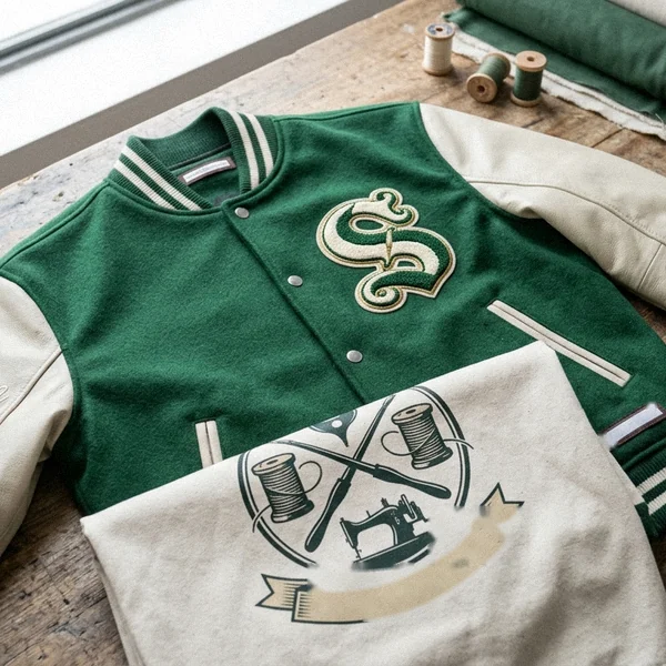 Varsity jacket combining chenille, embroidery and print