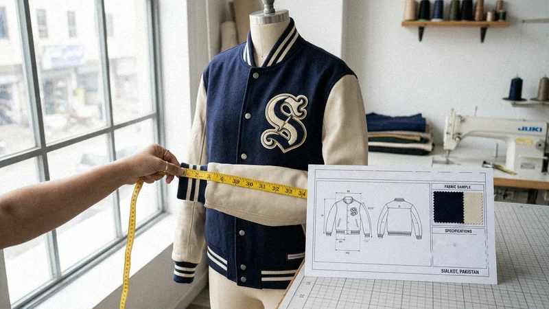 Sample varsity jacket on a dress form being measured with a tape